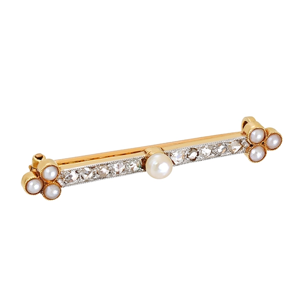 Brosche,18K, Gelb-/Weißgold, Perlen, Diamantrosen