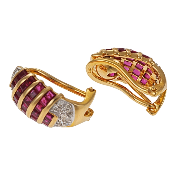 Clip-Stecker, 18K, Gelbgold, Rubine, Brillanten