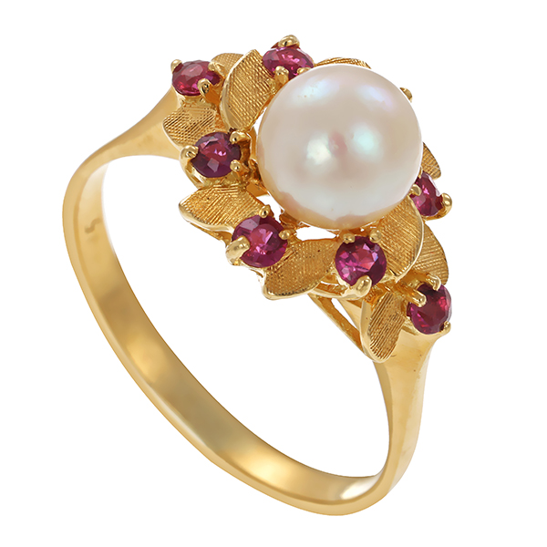 Ring, 14K, Gelbgold, Perle, Rubin