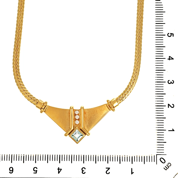 Collier, 18K, Gelbgold, Topas blau, Brillant