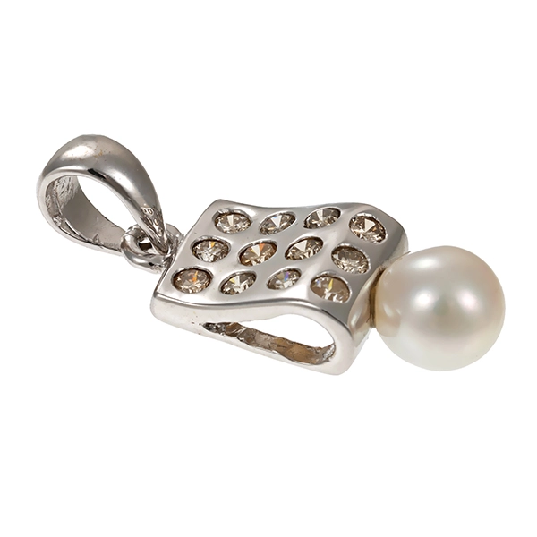 Anhänger, 14K, Weißgold, Perle, Brillant