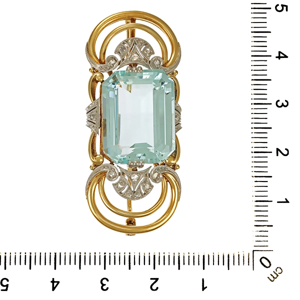 Brosche, 14K, Gelb-/Weißgold, Aquamarin, Diamantrosen