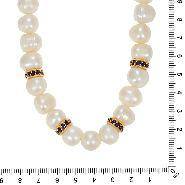 Perlenkette, 18K, Gelb-/Weißgold, Brillanten, Saphire
