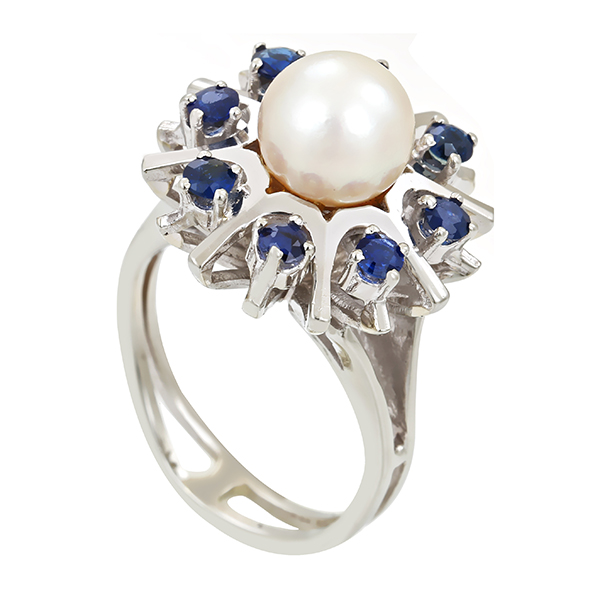 Ring, 14K, Weißgold, Perle, Saphire