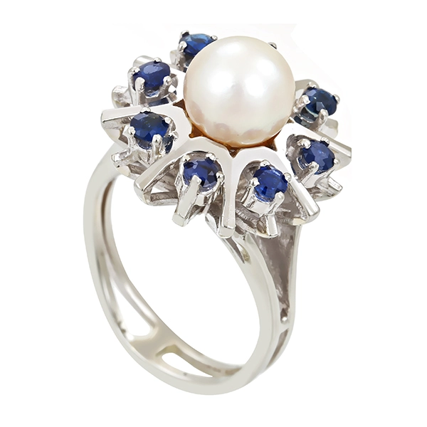 Ring, 14K, Weißgold, Perle, Saphire